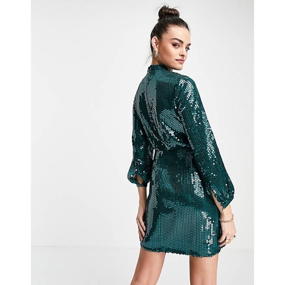 Whistles Dena Teal Sequin Long Sleeve Mini Dress Size US 14 - Picture 3 of 12